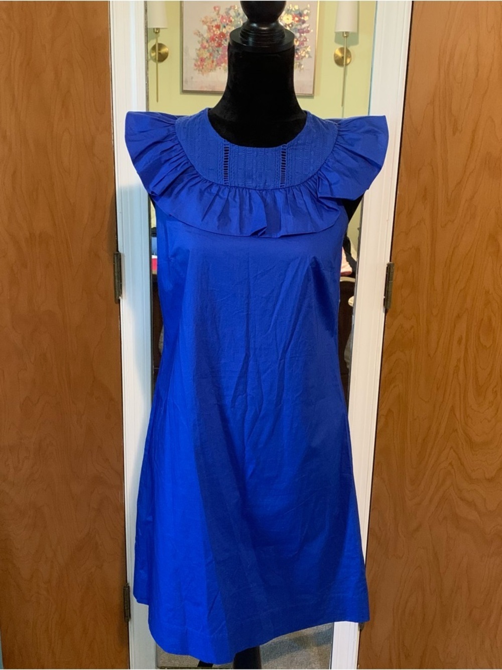 J.Crew Blue Ruffle Neck Shift Dress Size 2 Classic Preppy Career Chic - Picture 2 of 9